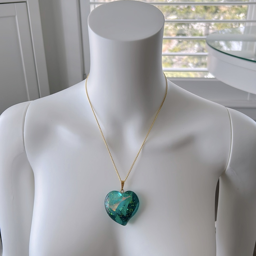 Handmade Necklace Pendant Charm Jewellery, Green Black Gold Heart Kaleidescope